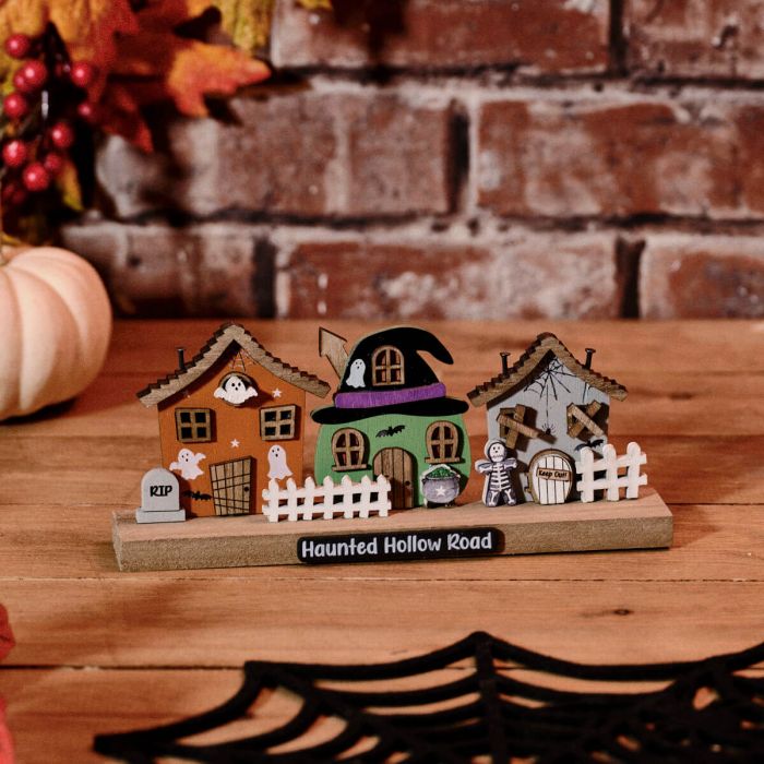 Spooktacular Haunted Hollow 3 House Wooden Block Ornament