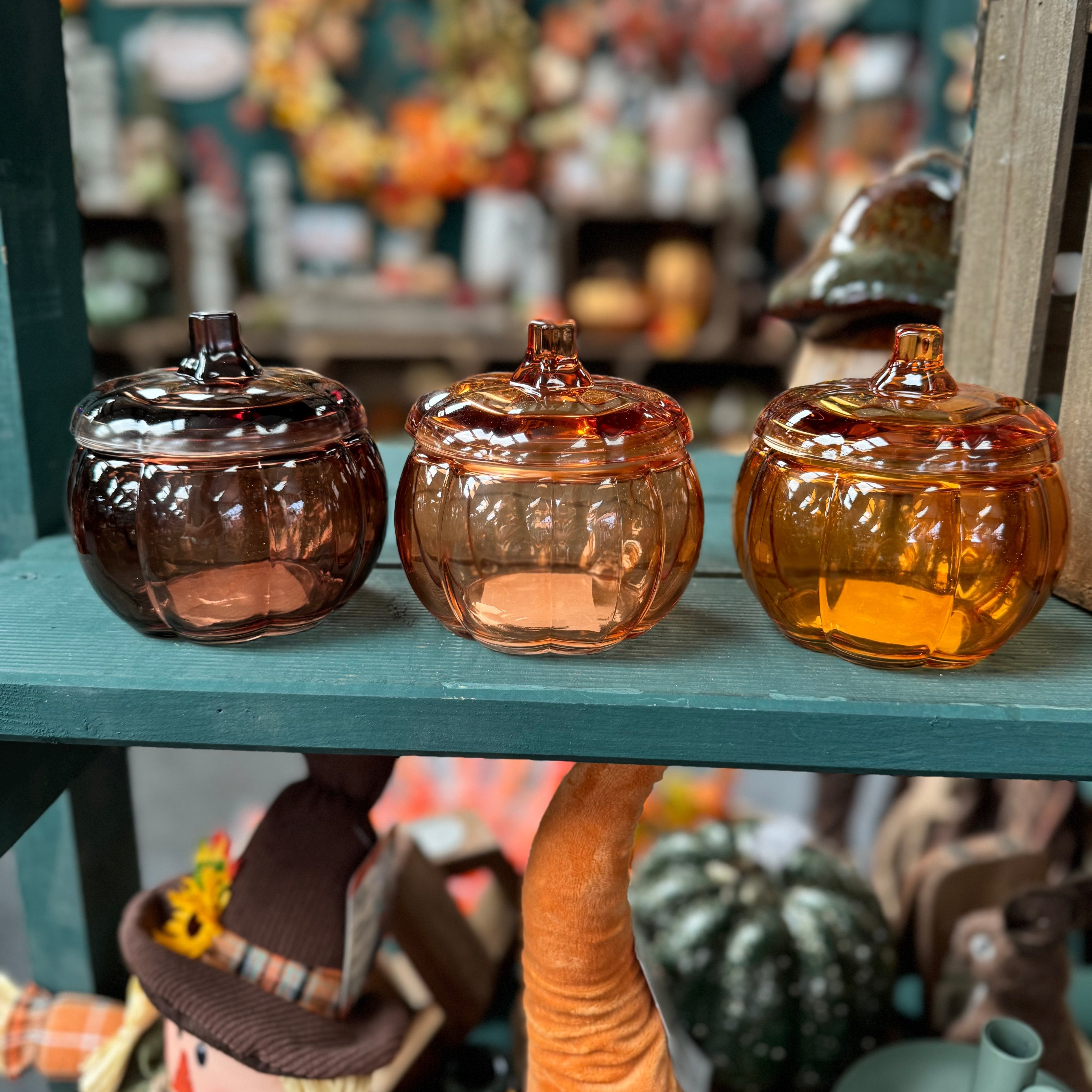 Large Glass Pumpkin Jar with Removable Lid - Tea light Holder Trinket Pot 12cm