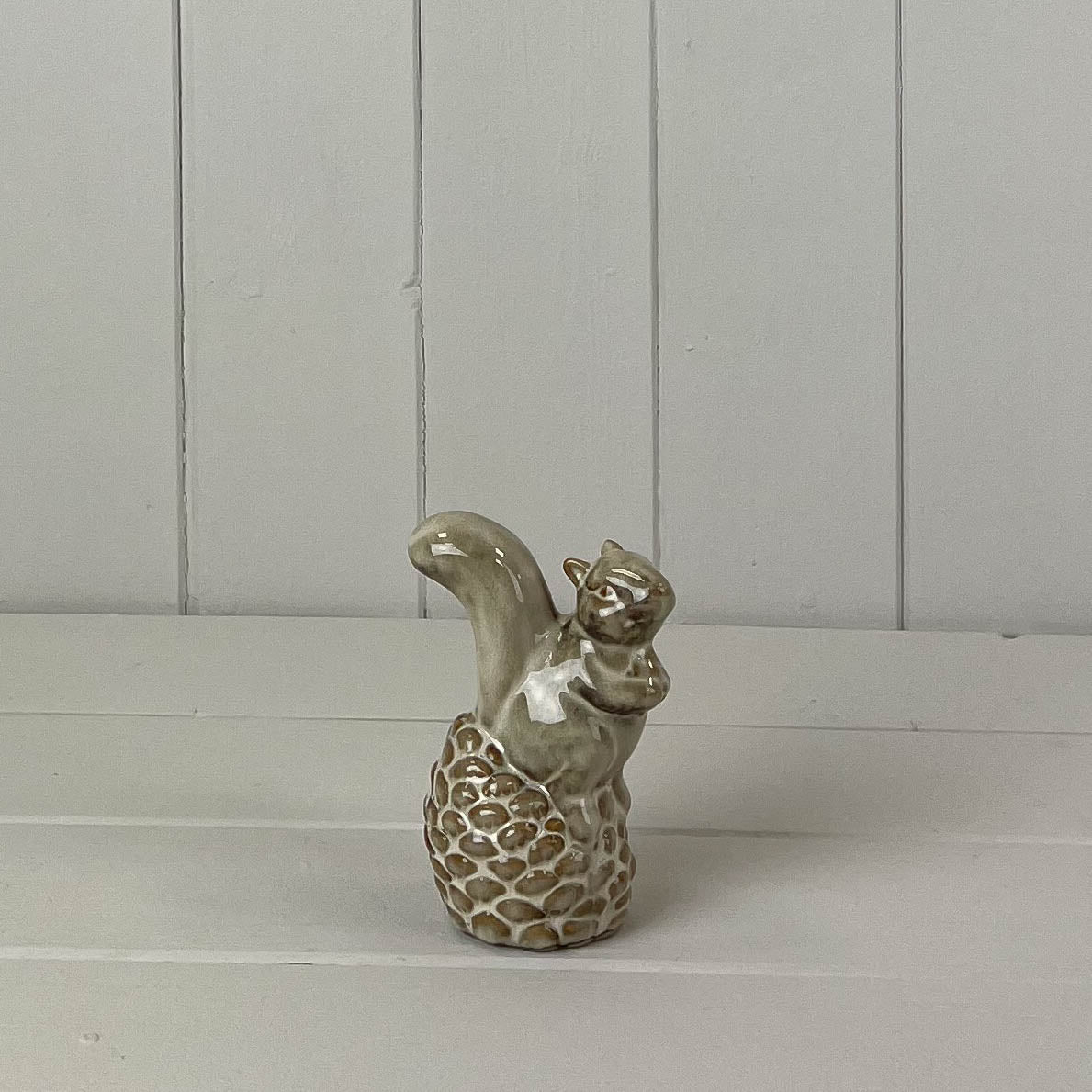 Beige Mottle Ceramic Squirrel Sitting on Pinecone Decoration - 11.5cm