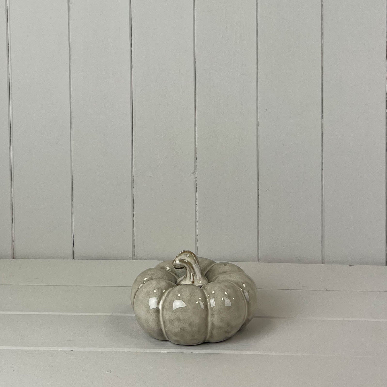 Short Grey Beige Mottle Ceramic Pumpkin Decoration - 8cm
