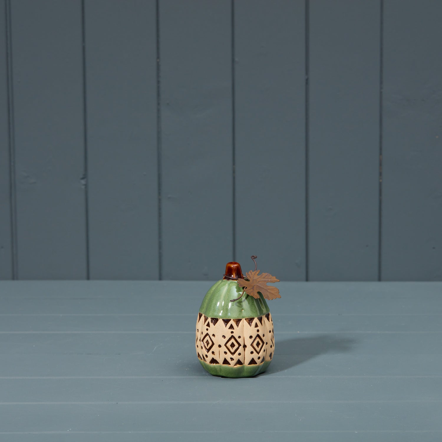 Green Patterned Ceramic Pumpkin Ornament - 10.5cm