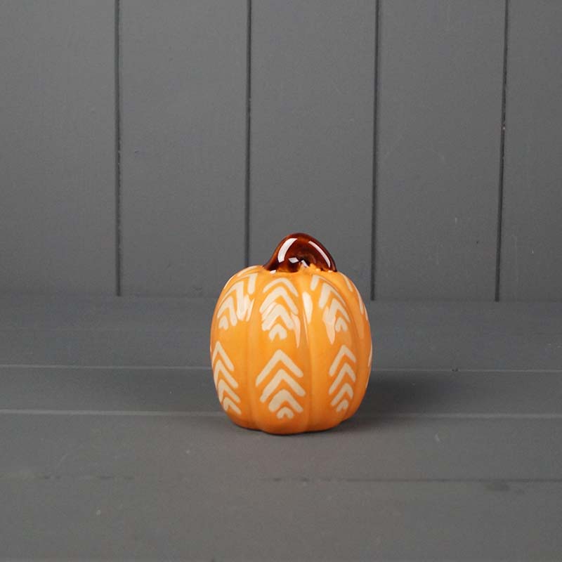 Orange Patterned Ceramic Pumpkin with Stalk - 7.5cm
