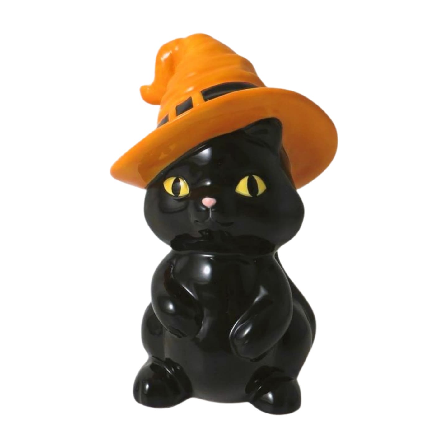 Halloween Ceramic Black Cat Ornament with Orange Witches Hat - 13cm