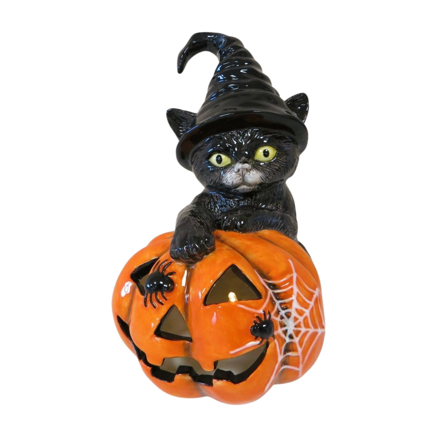 Halloween Ceramic Black Cat with Pumpkin & LED Light - 20cm
