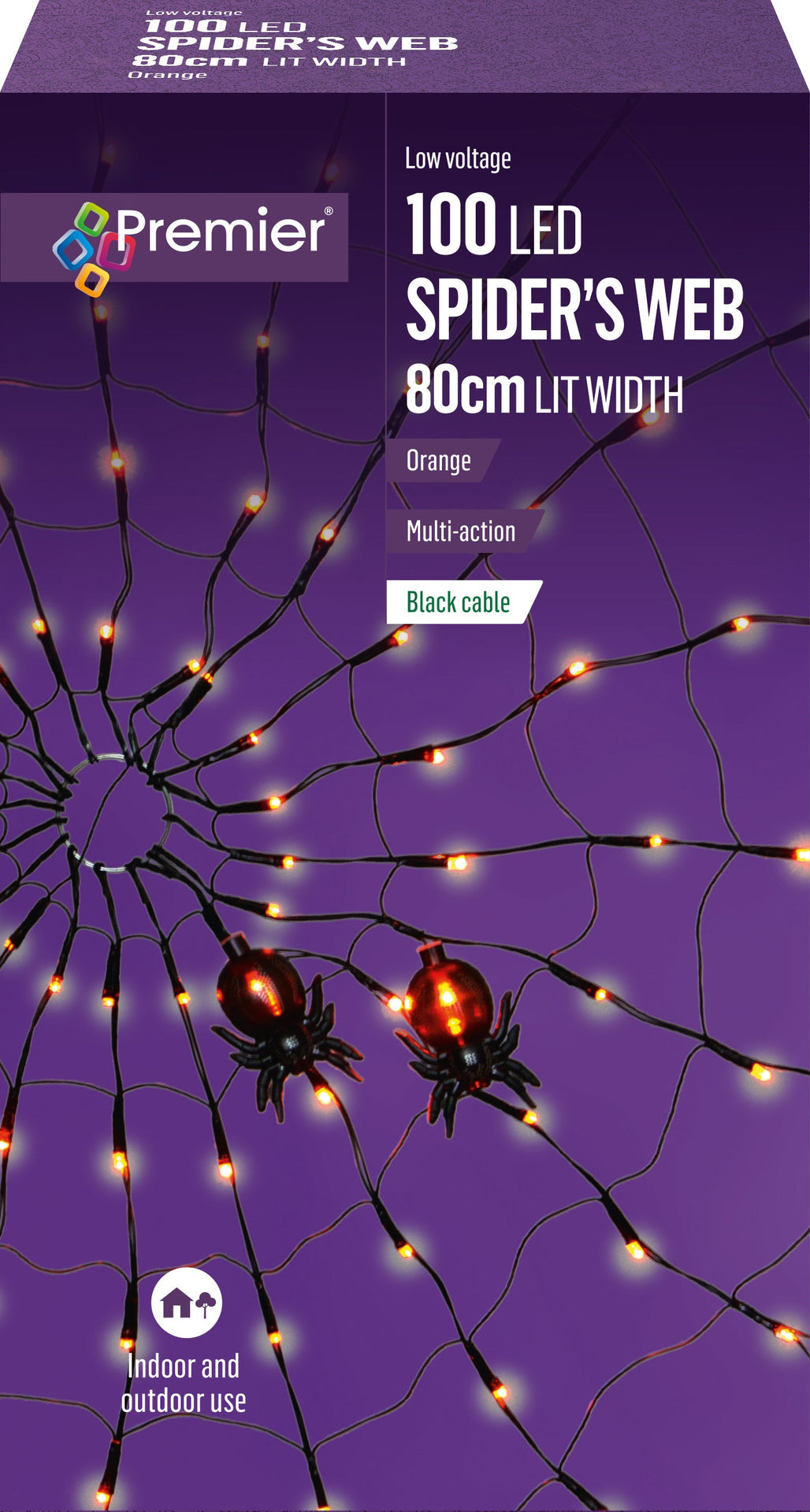 Halloween Orange Multi Function LED Spider Web with 2 Spiders - 100 LEDs