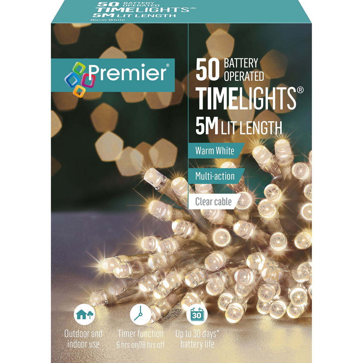 Battery Operated Multi Action Warm White LED String Time Lights Clear Cable