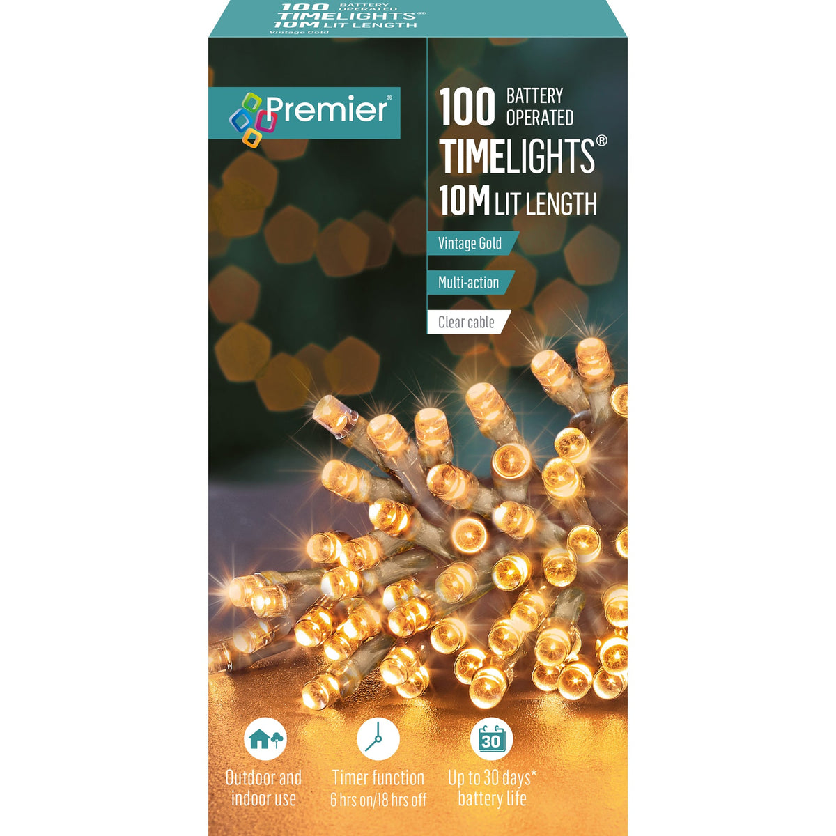 Battery Operated Multi Action Vintage Gold LED String Time Lights Clear Cable