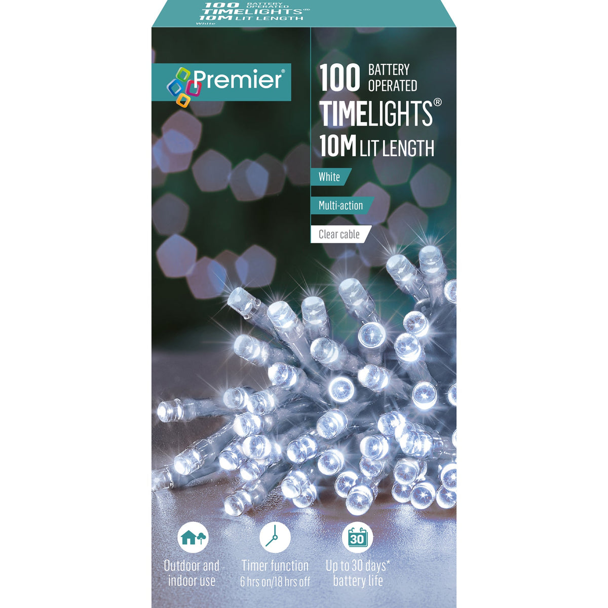 Battery Operated Multi Action Cool / Cold White LED String Time Lights Clear Cable