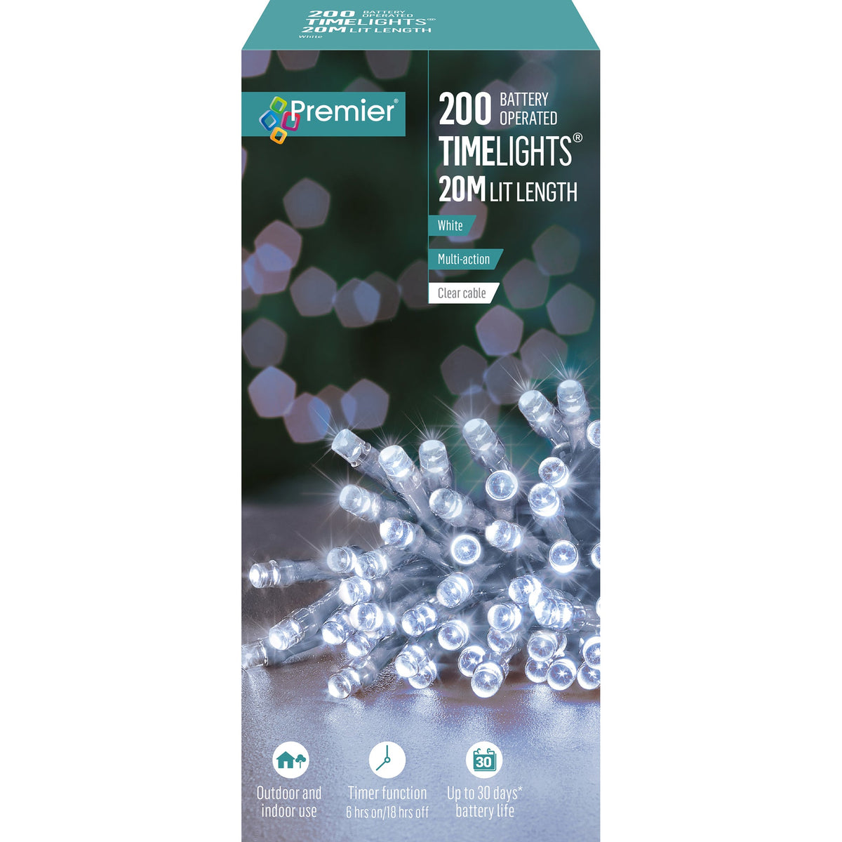 Battery Operated Multi Action Cool / Cold White LED String Time Lights Clear Cable