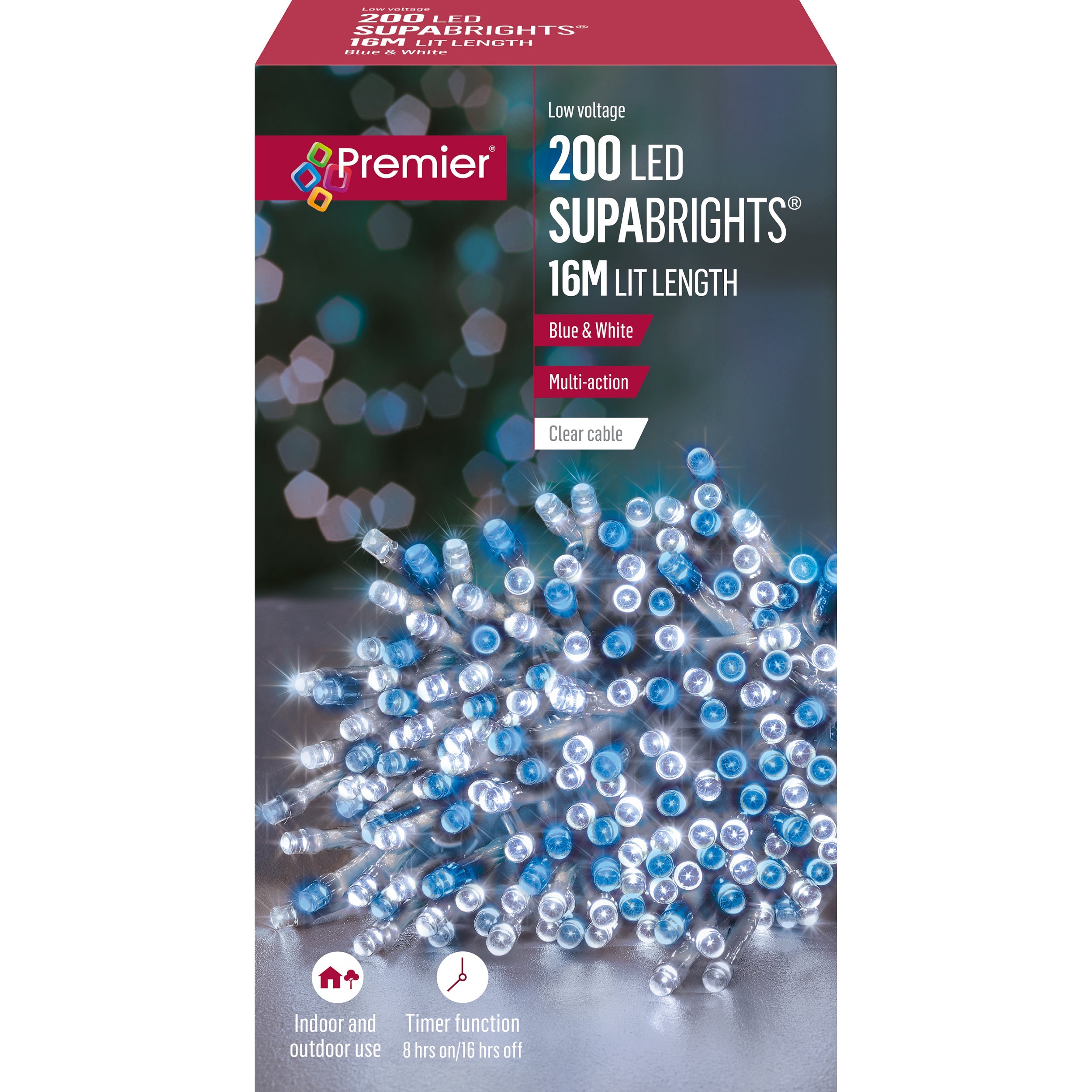 Premier 200 Blue & White LED Multi Action SupaBrights with Clear Cable and Timer