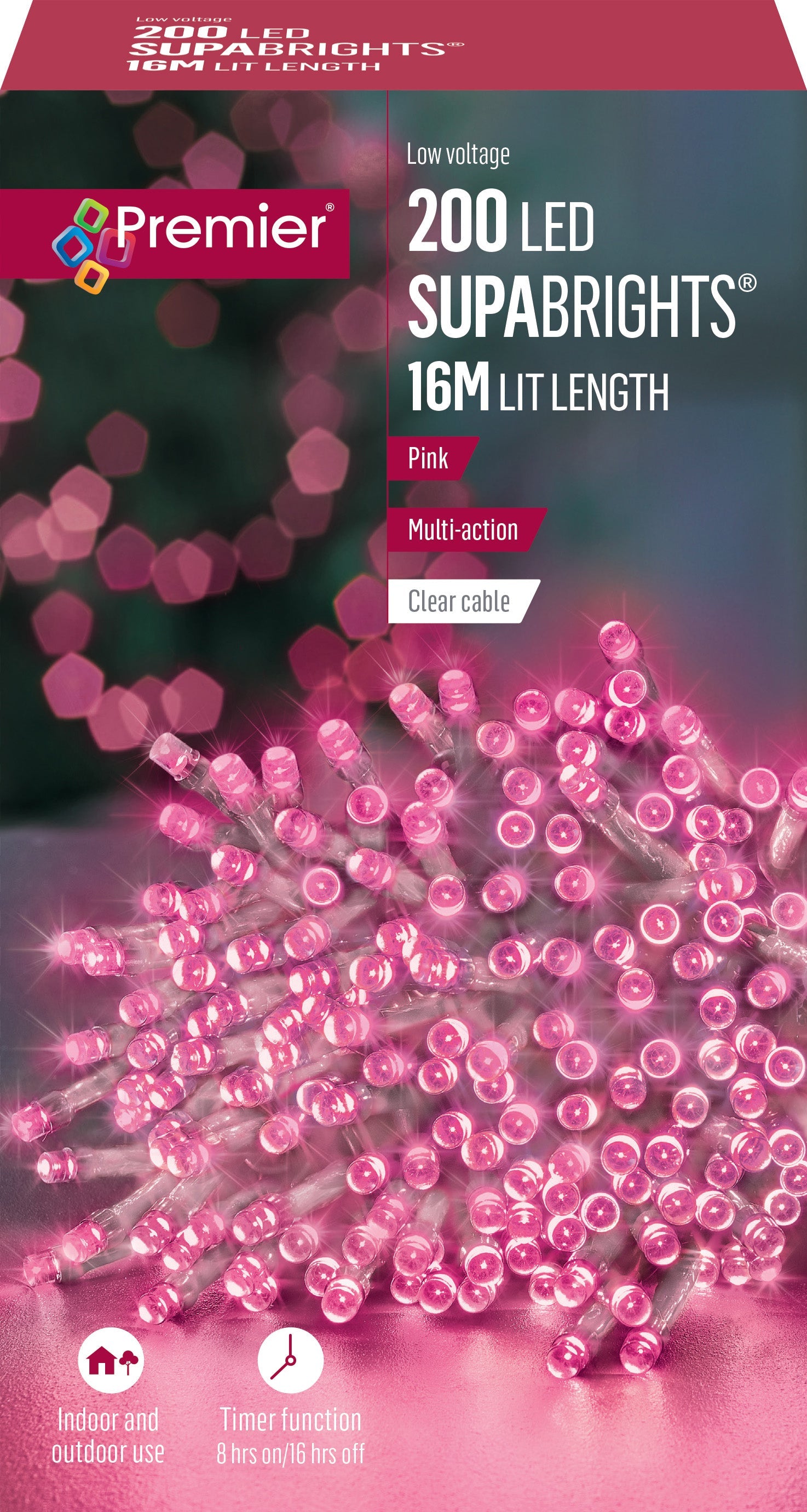 Premier 200 Pink LED Multi Action SupaBrights with Clear Cable & Timer