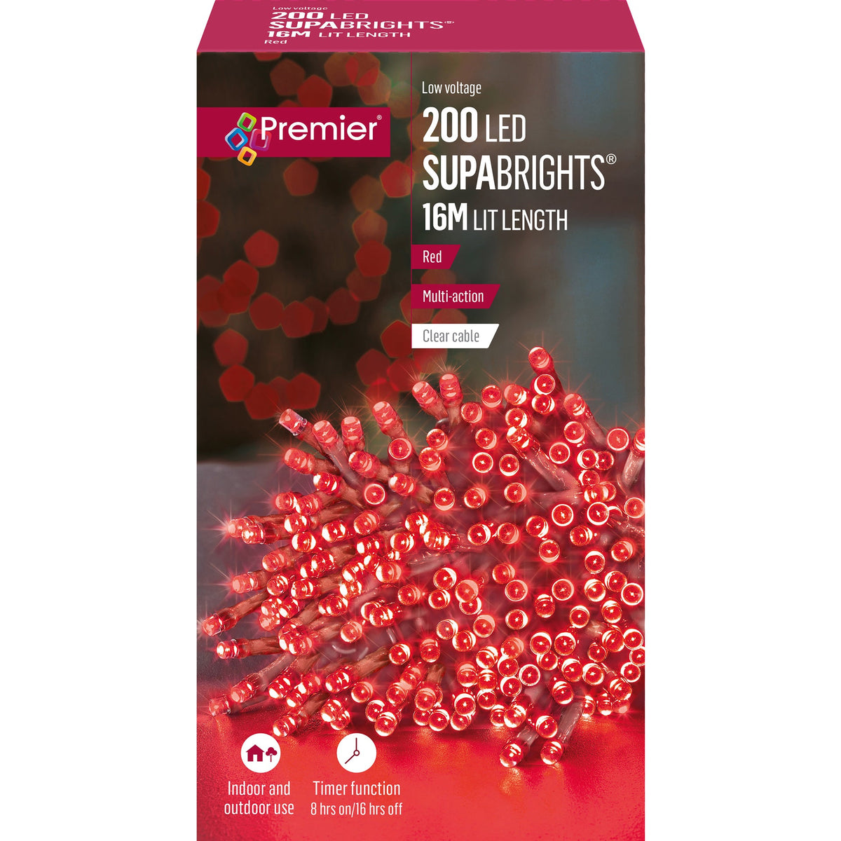 Premier - 200 Red LED Multi Action SupaBrights with Clear Cable and Timer