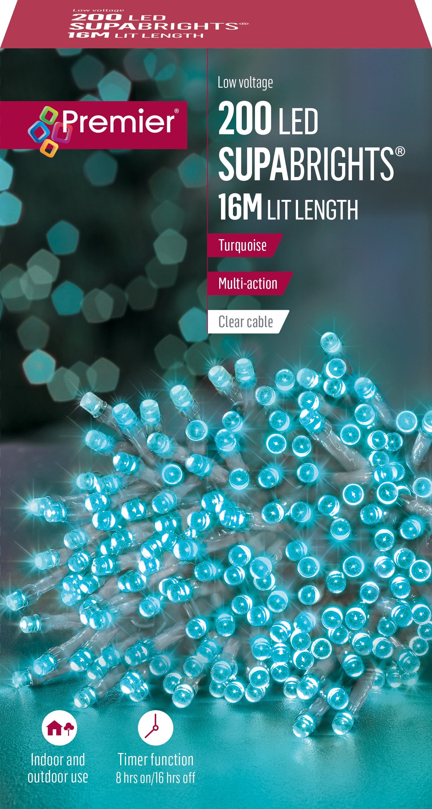 Premier - 200 Turquoise LED Multi Action SupaBrights with Clear Cable and Timer