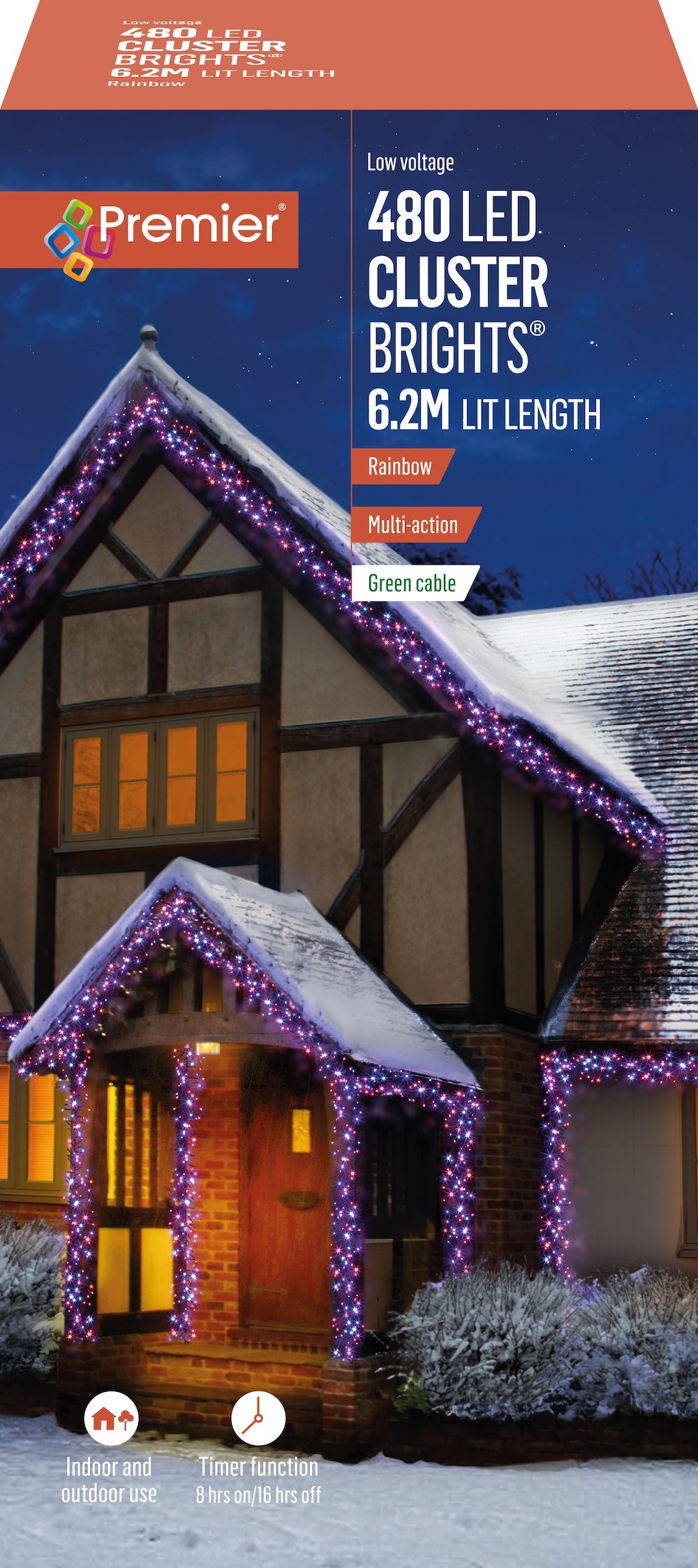 Premier - Rainbow - Purple, Pink, Turquoise & Orange LED Multi Action Christmas Cluster Lights Cluster Brights