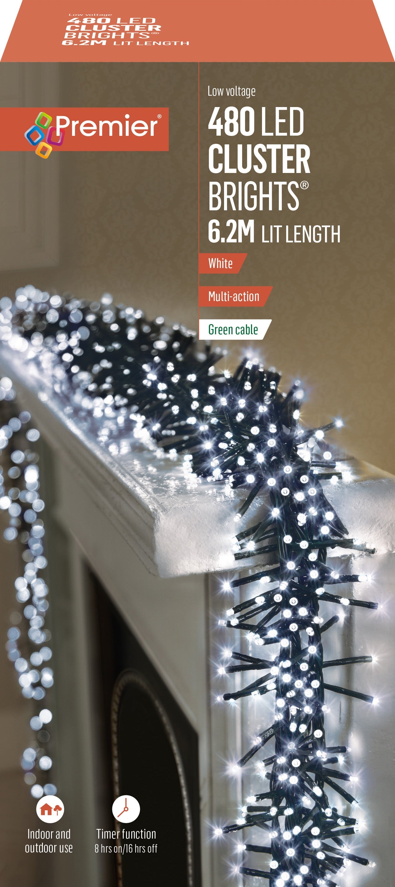Premier - Cold / Cool White LED Multi Action Christmas Cluster Lights ClusterBrights Green Cable