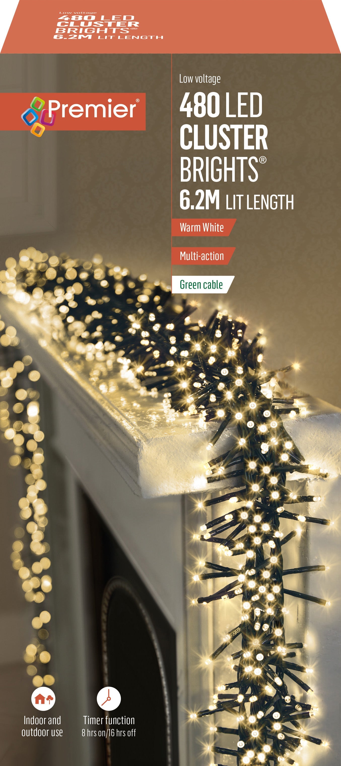 Premier Warm White LED Multi Action Christmas Cluster Lights Cluster Brights Green Cable