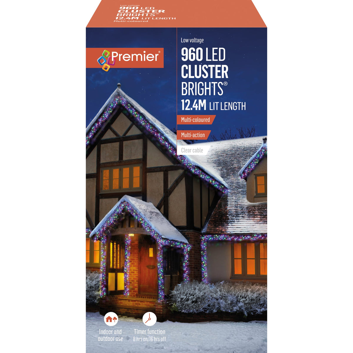 Premier Multi Coloured LED Multi Action Christmas Cluster Lights Cluster Brights Clear Cable