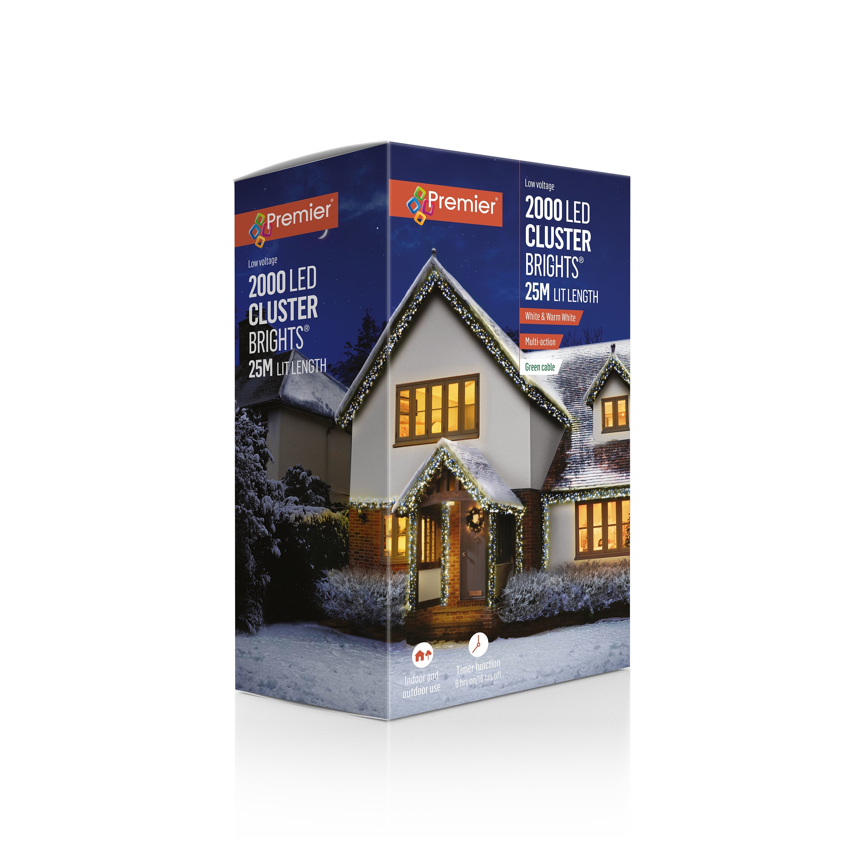 Premier Green Cable 2000 Cool & Warm White LED Multi Action Christmas Cluster Brights String Lights