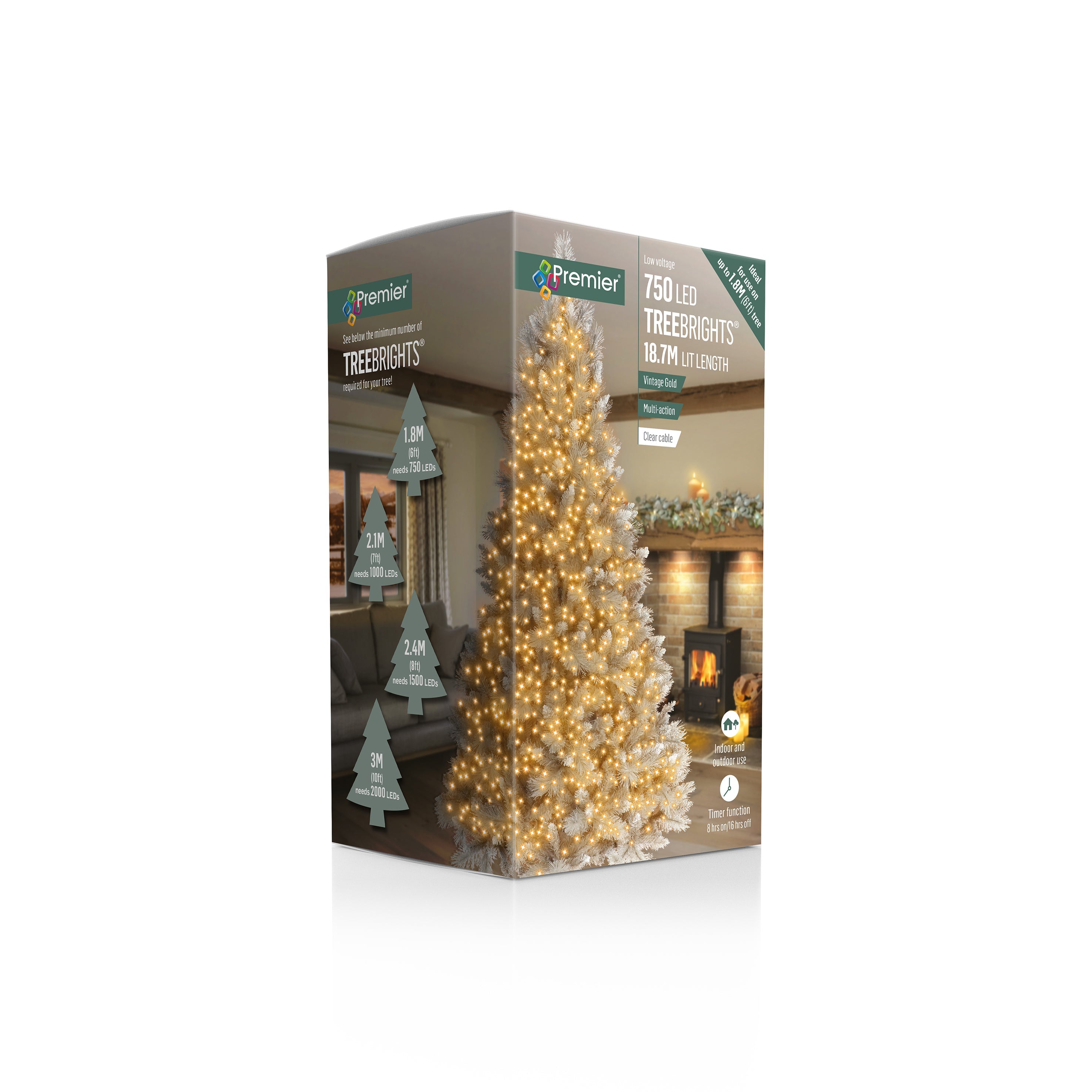 Premier Vintage Gold Multi Action LED Tree Brights Timer Christmas Tree Lights Clear Cable