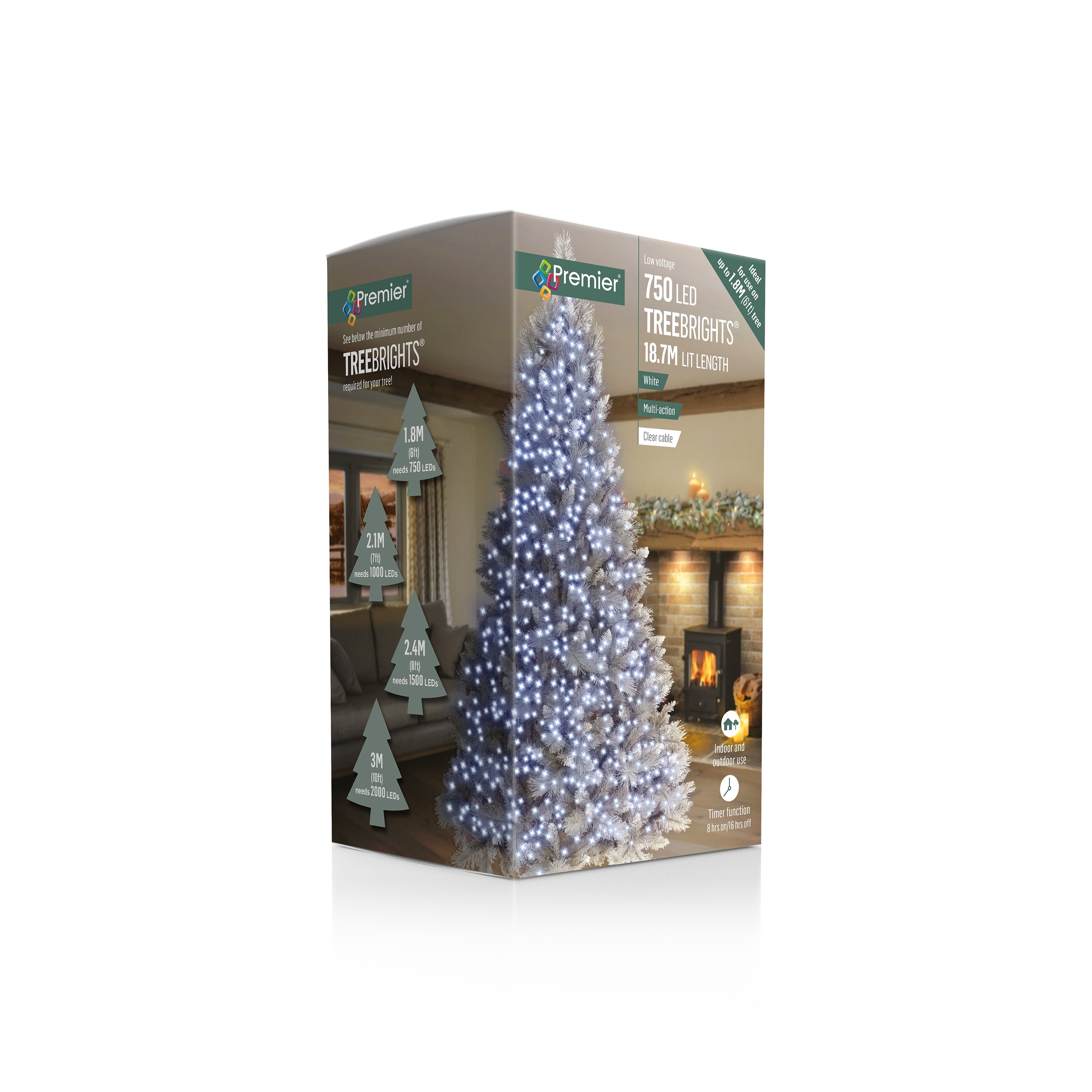 Premier Cold / Cool White Multi Action LED Tree Brights Timer Christmas Tree Lights Clear Cable