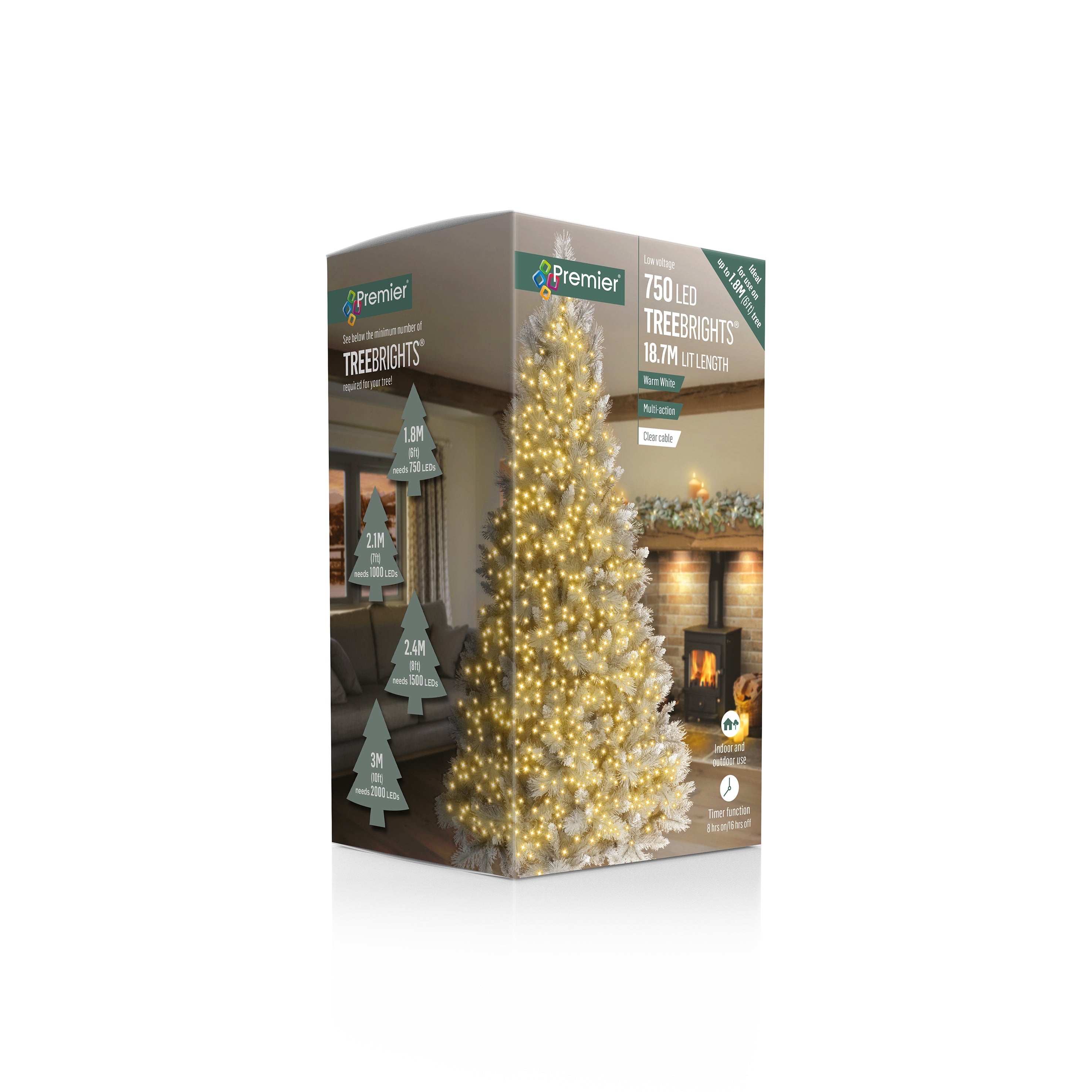 Premier Warm White Multi Action LED Tree Brights Timer Christmas Tree Lights Clear Cable