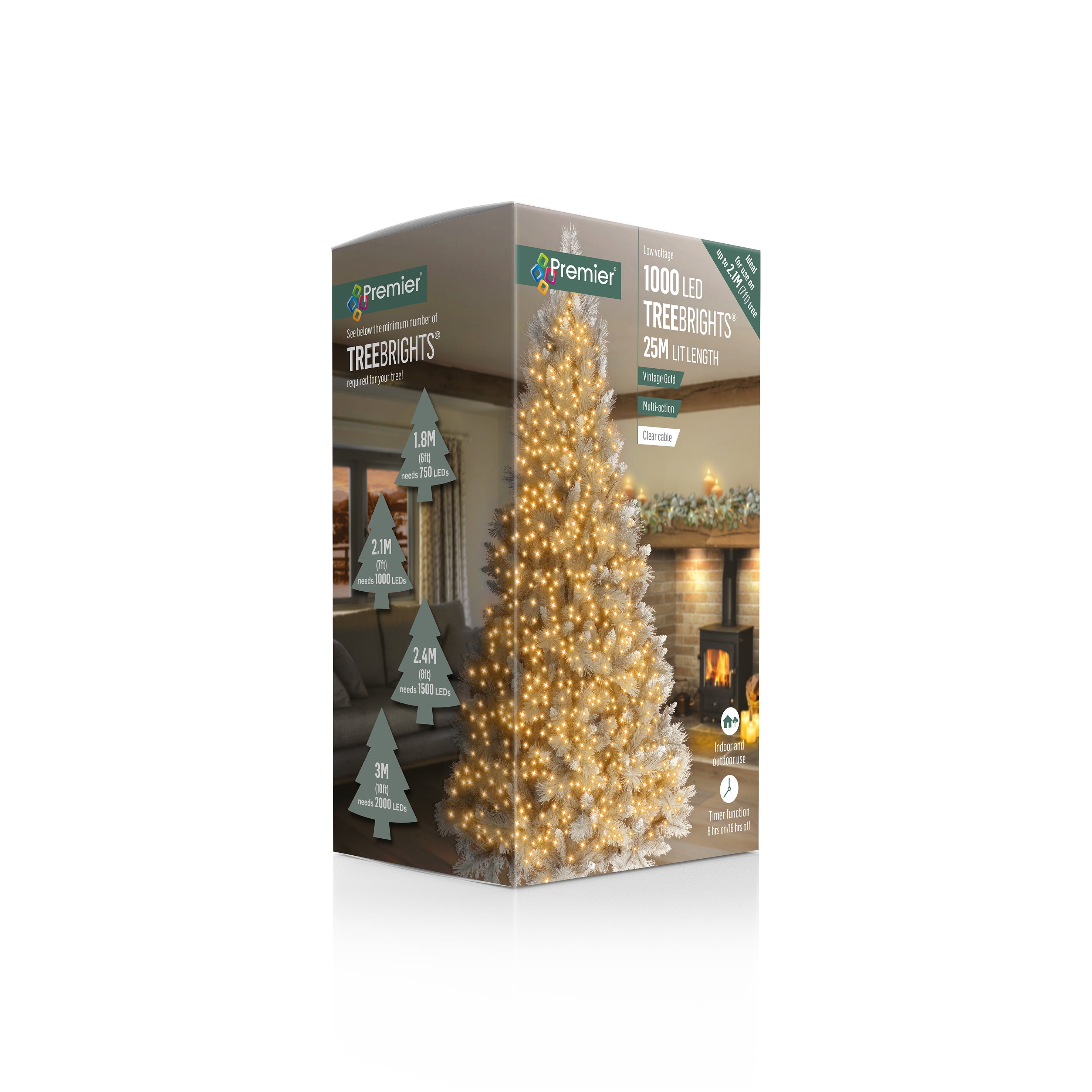 Premier Vintage Gold Multi Action LED Tree Brights Timer Christmas Tree Lights Clear Cable