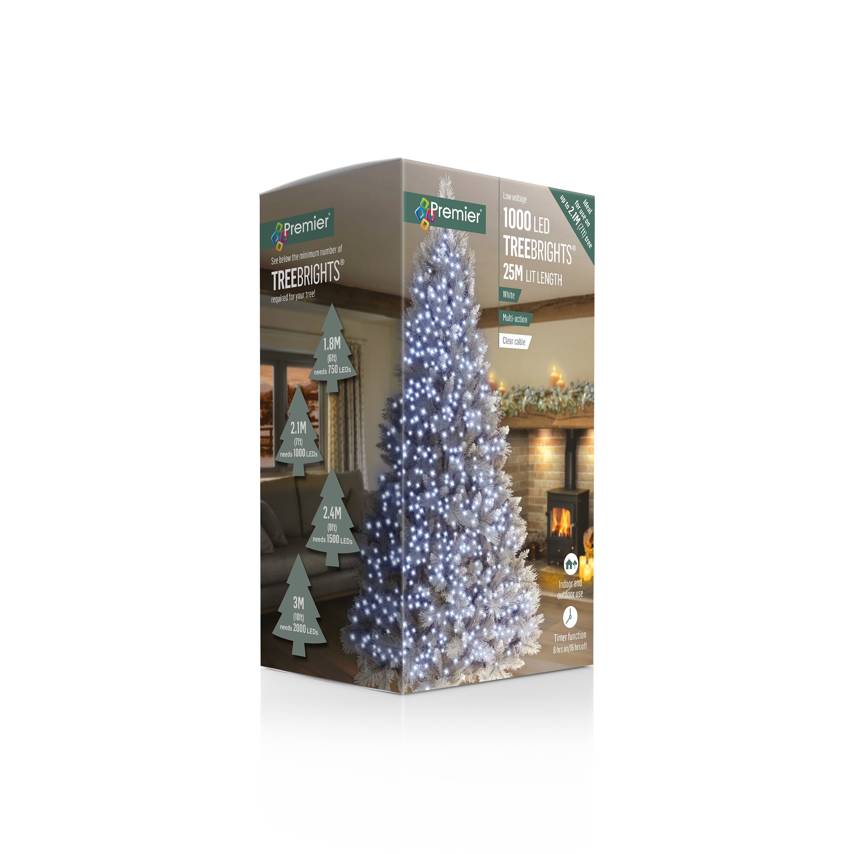 Premier Cold / Cool White Multi Action LED Tree Brights Timer Christmas Tree Lights Clear Cable