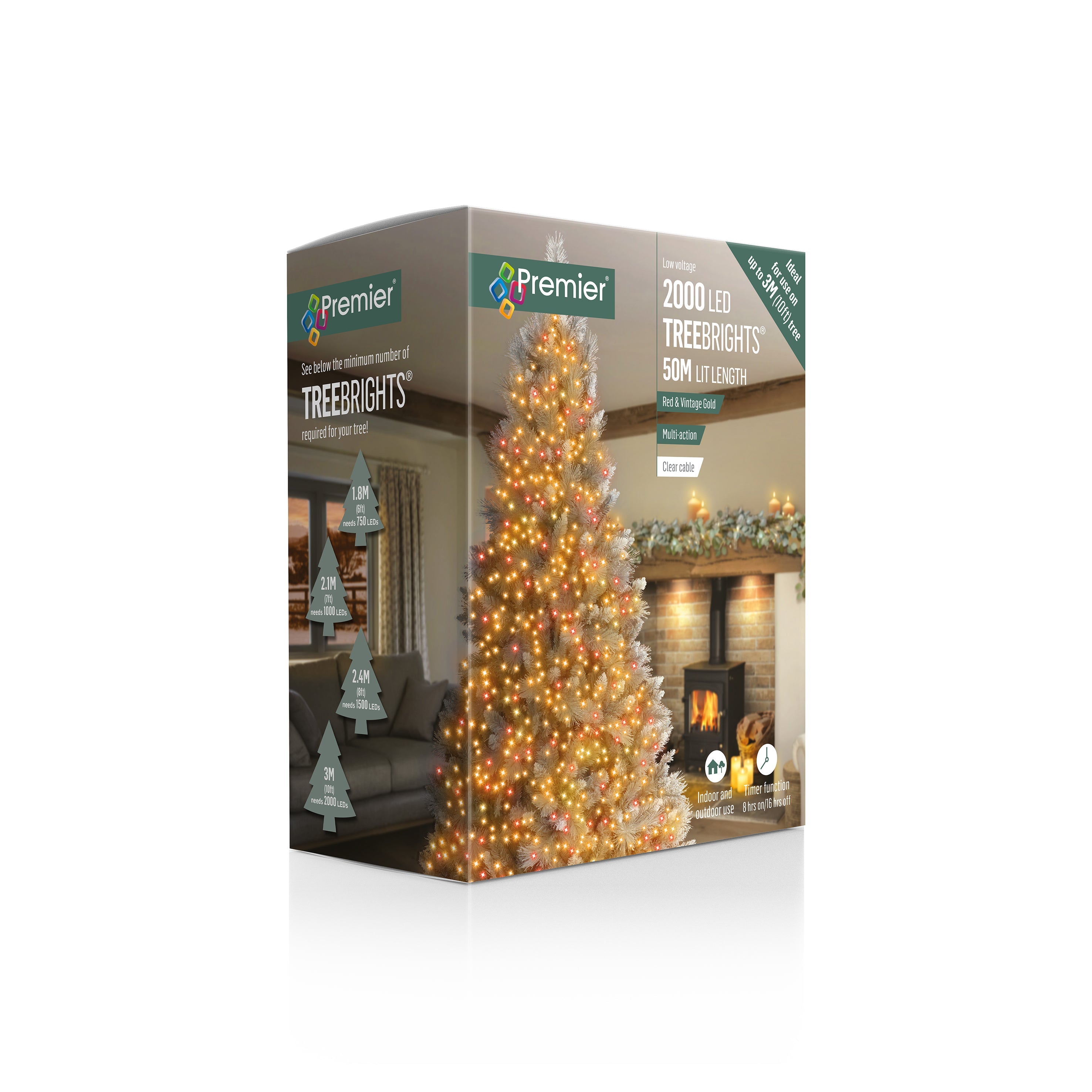 Premier Vintage Gold & Red Mix Multi Action LED Tree Brights Timer Christmas Tree Lights Clear Cable - 2000 LEDs