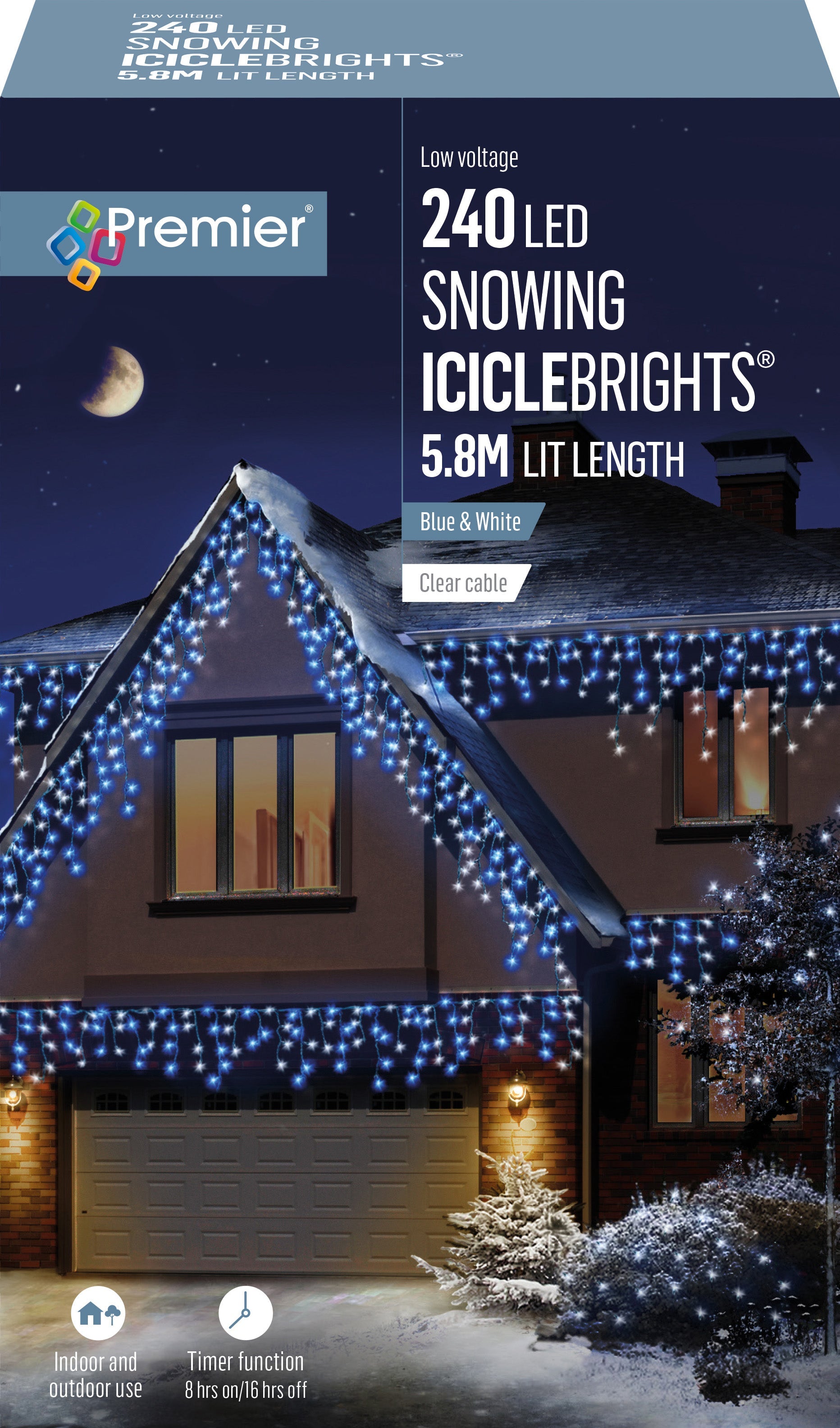 Premier - Blue & White Snowing Iciclebrights Icicle Lights with Timer & Multi Action