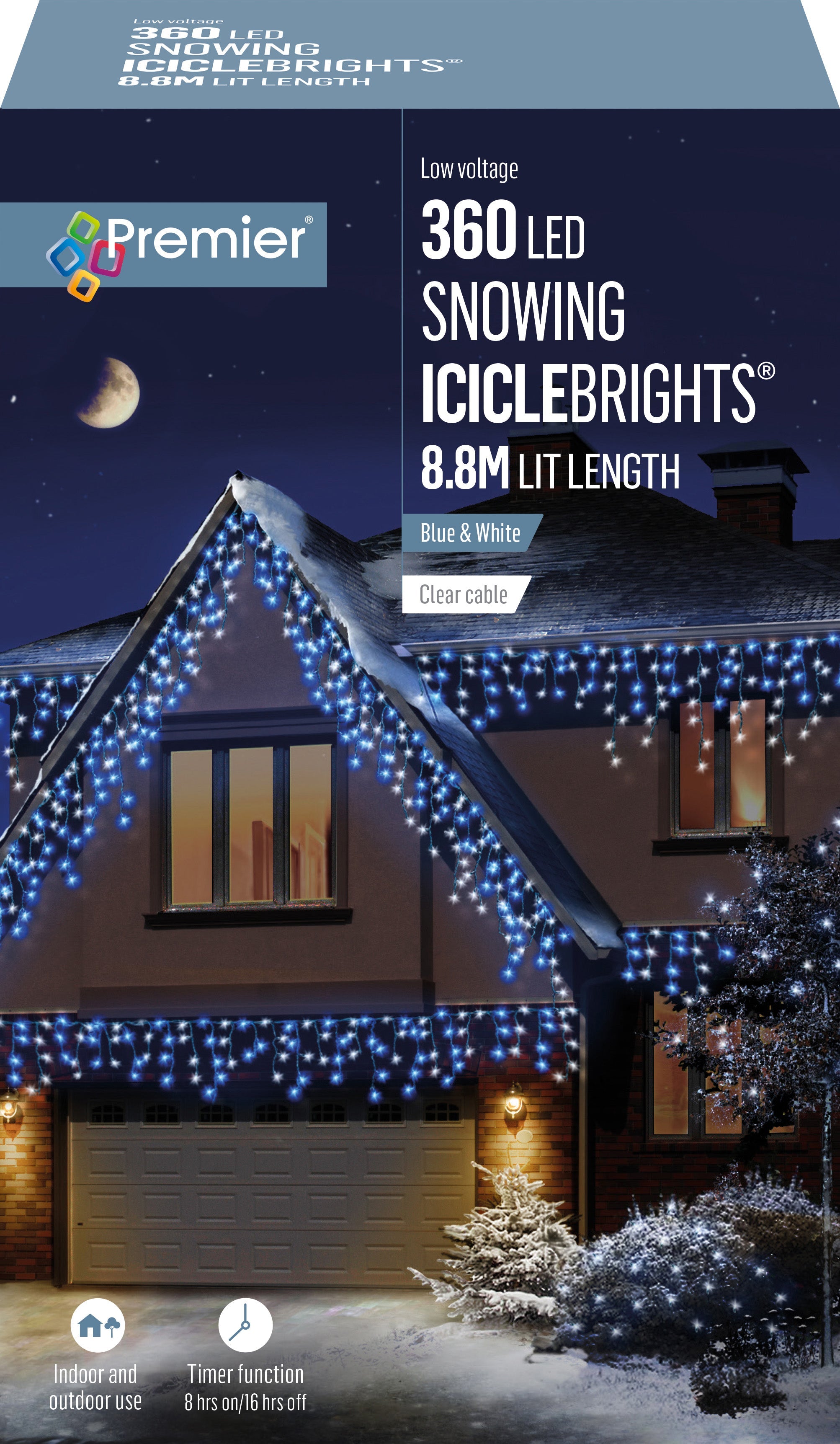 Premier - Blue & White Snowing Iciclebrights Icicle Lights with Timer & Multi Action
