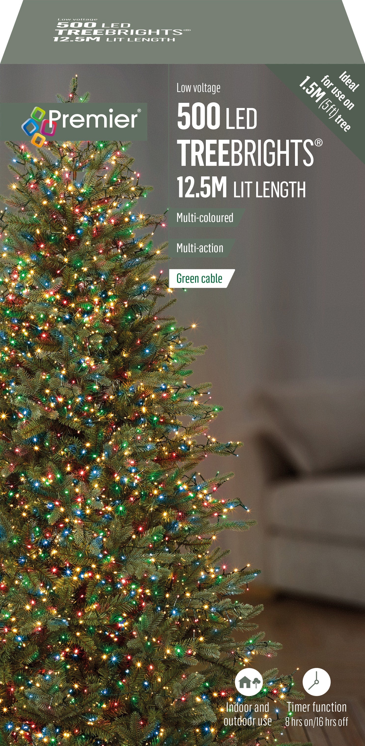 Premier Multi Coloured Multi Action LED Tree Brights Timer Christmas Tree Lights Green Cable