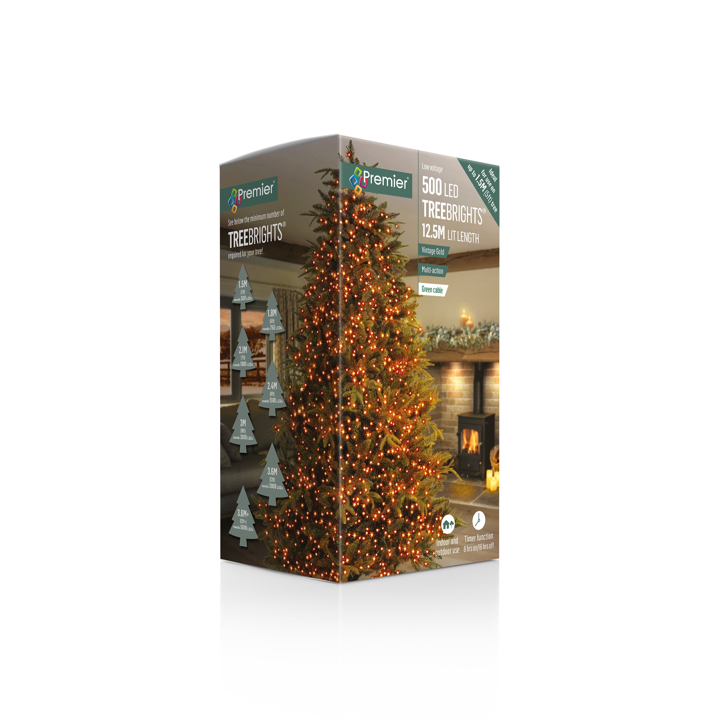 Premier Vintage Gold Multi Action LED Tree Brights Timer Christmas Tree Lights Green Cable