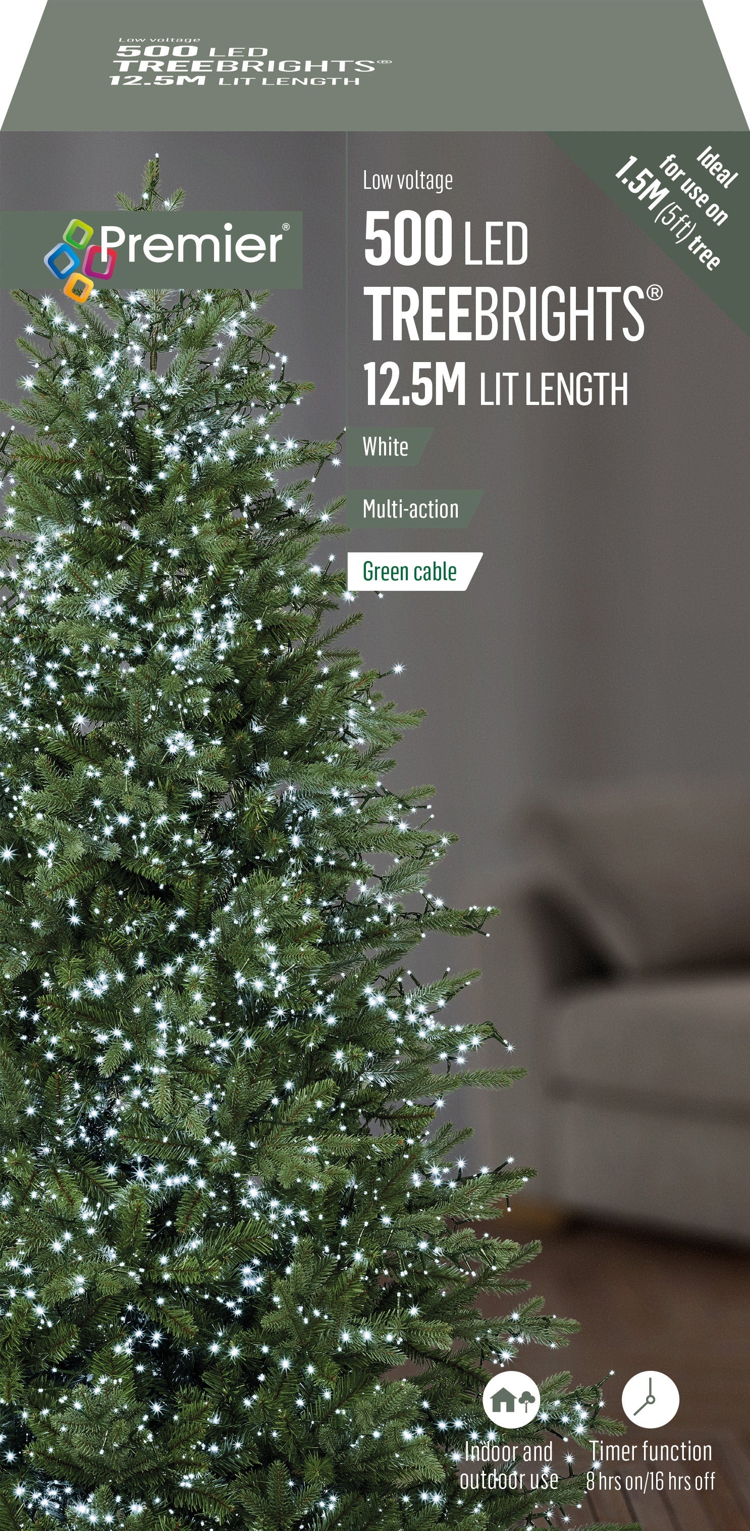 Premier Cold / Cool White Multi Action LED Tree Brights Timer Christmas Tree Lights Green Cable