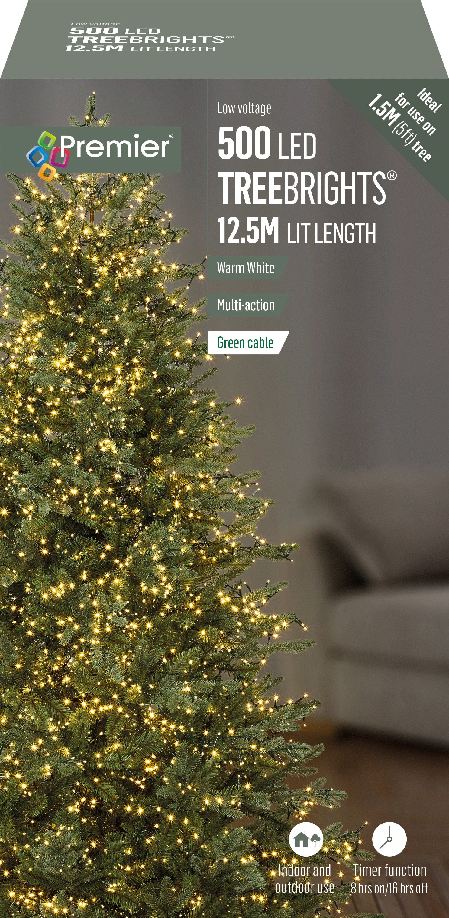 Premier Warm White Multi Action LED Tree Brights Timer Christmas Tree Lights Green Cable