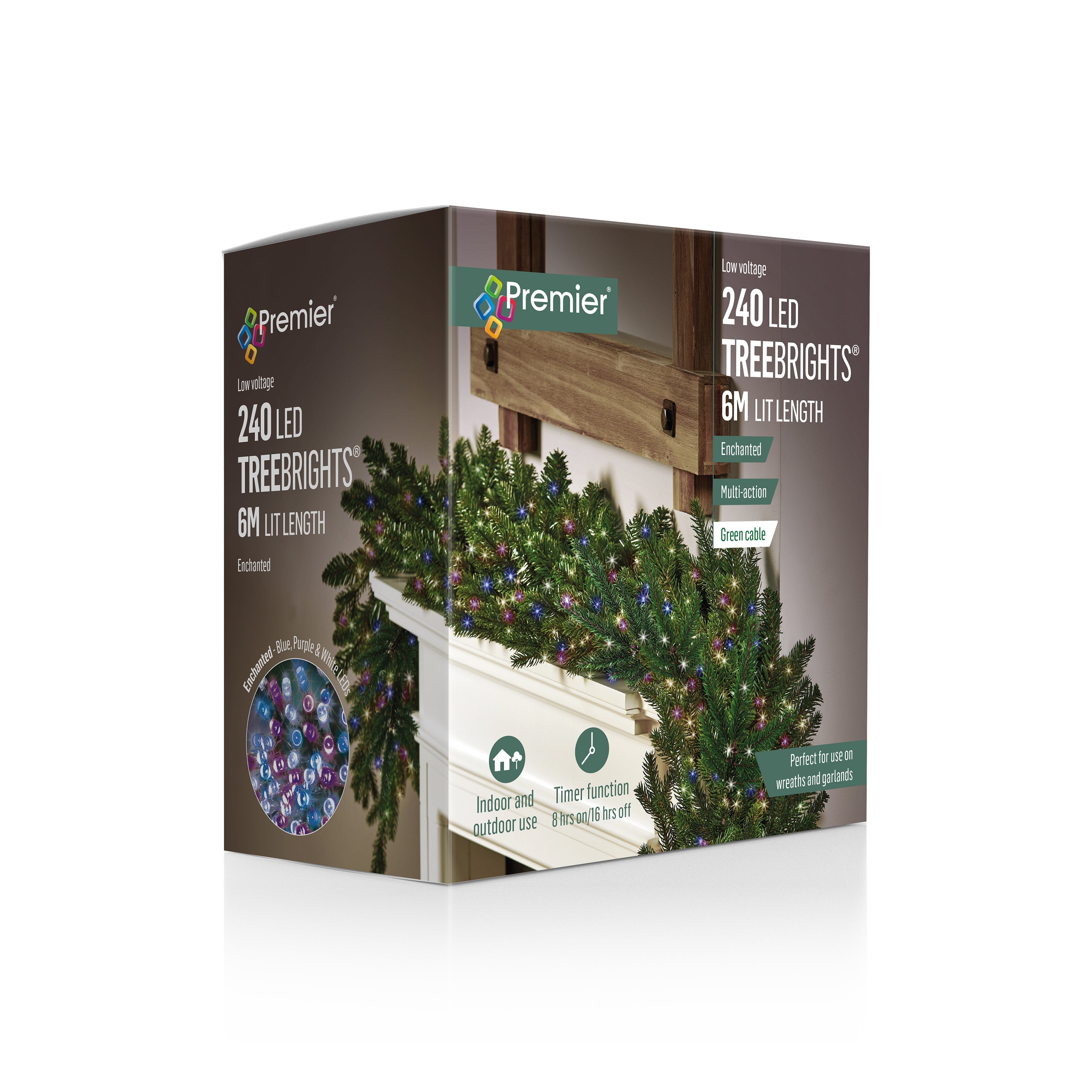 Premier Enchanted Colour Blue, Purple & White Mix Mix Multi Action LED Tree Brights Timer Christmas Tree Lights Green Cable - 240 LEDs
