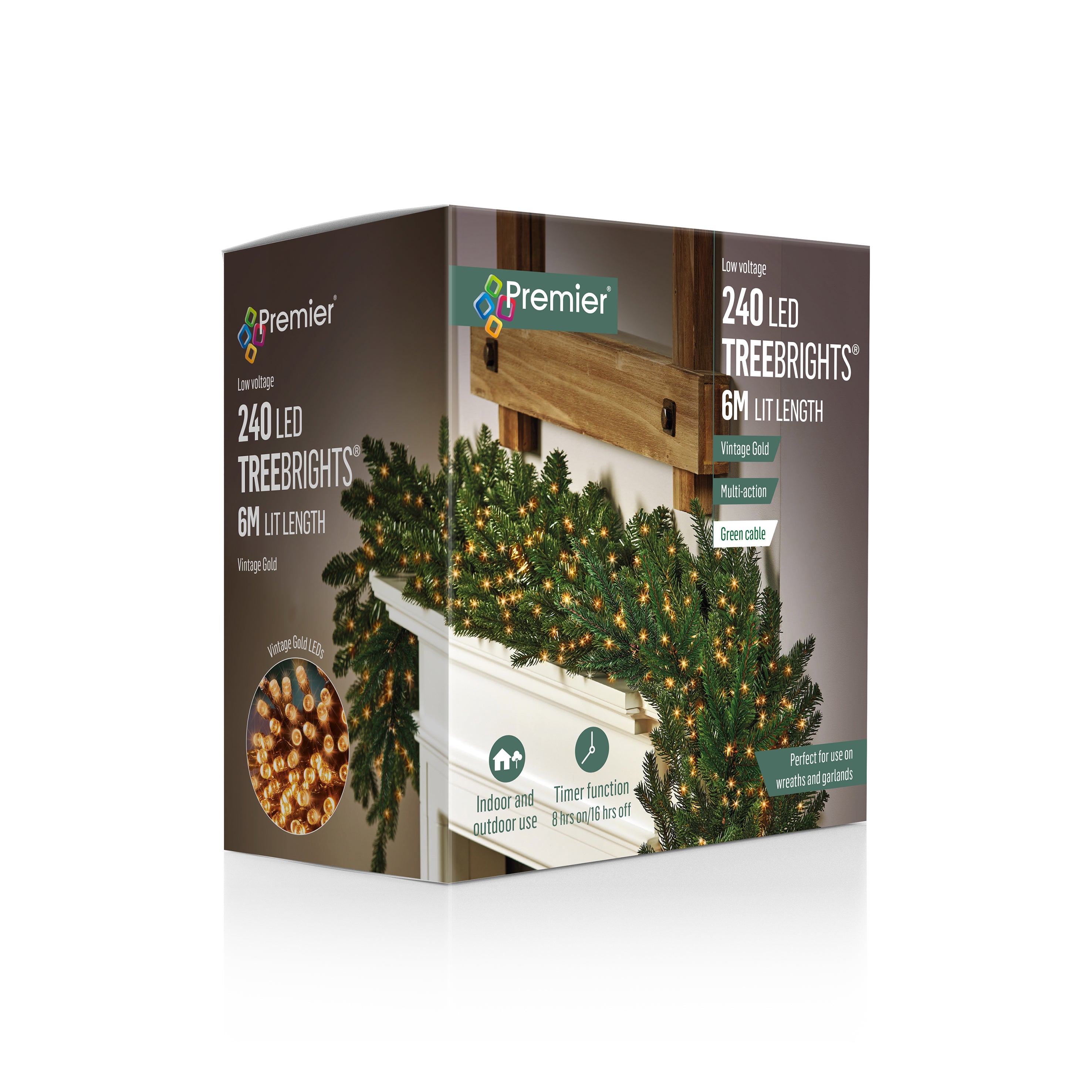 Premier Vintage Gold Multi Action LED Tree Brights Timer Christmas Tree Lights Green Cable