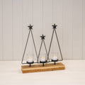 Black Metal Triple Tree Tea Light Holder on Wooden Base