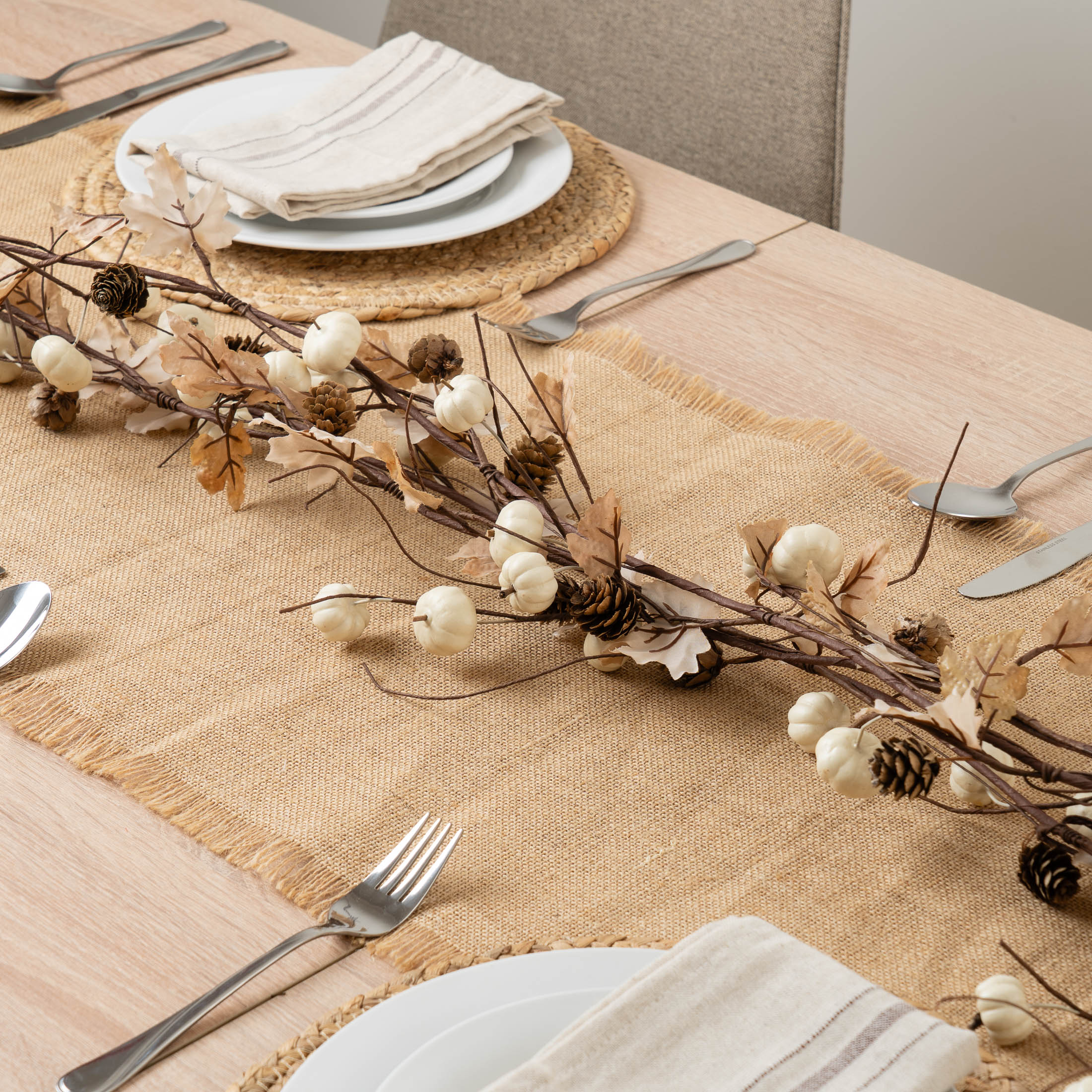 Autumn Brown & Cream Mini Pumpkin, Pinecone & Leaf Twiggy Garland -150cm