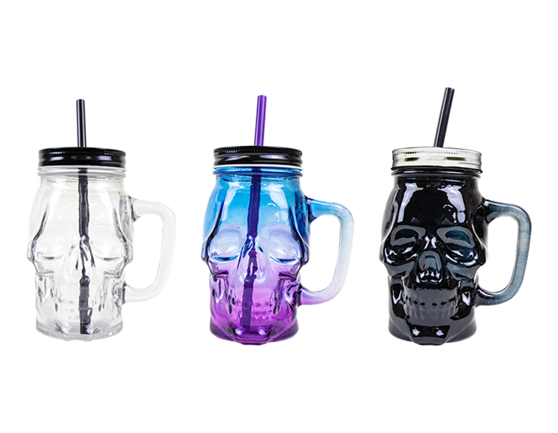 Skull Jar With Lid & Straw - Choice of three colours: black, clear and ombre.