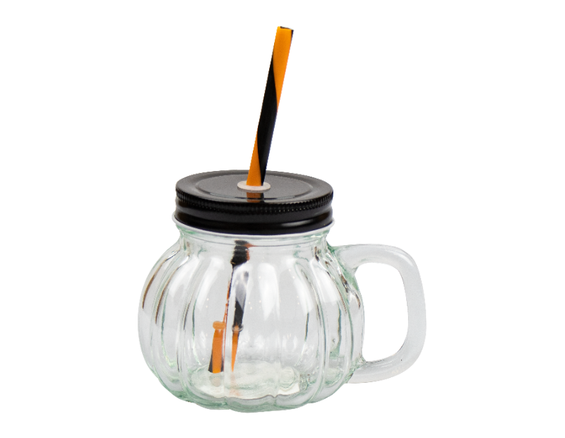 Halloween Pumpkin Shaped Glass Jar Cup with Straw - 350ml