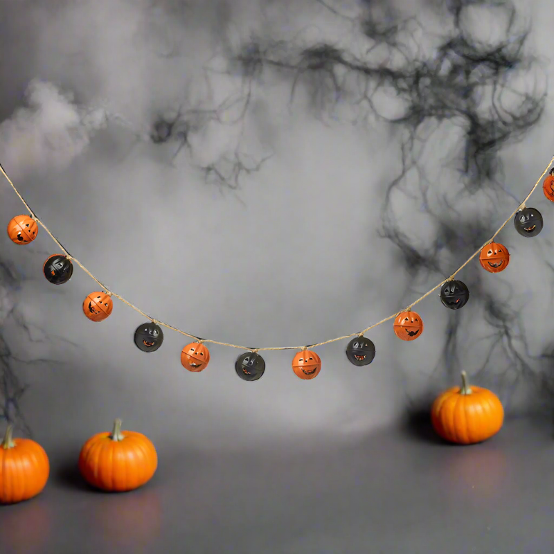 Metal Halloween Black & Orange Pumpkin Bell Garland - 100cm