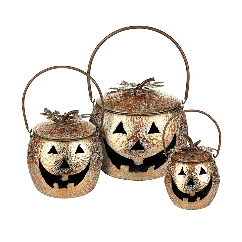 Stunning Golden Orange Metal Decorative Pumpkins - Set of 3