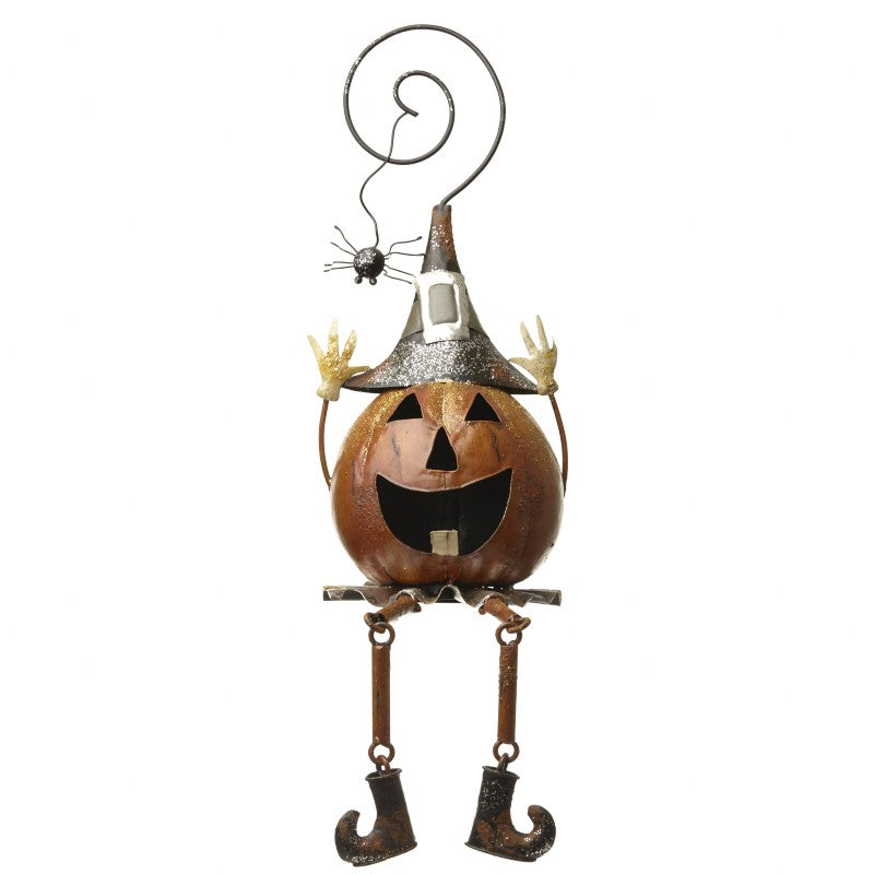 Dangly Leg Metal Pumpkin Ornament With Spider Hat