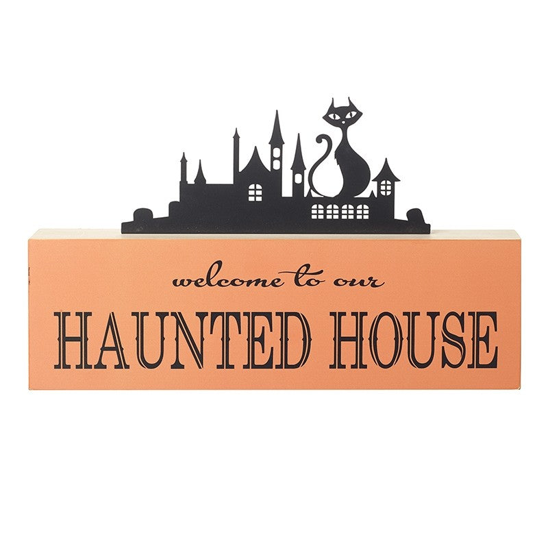 Halloween Welcome to Our Haunted House Metal & Wood Table Top Sign