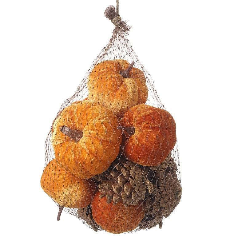 Bag of Velvet Pumpkins with Pinecones