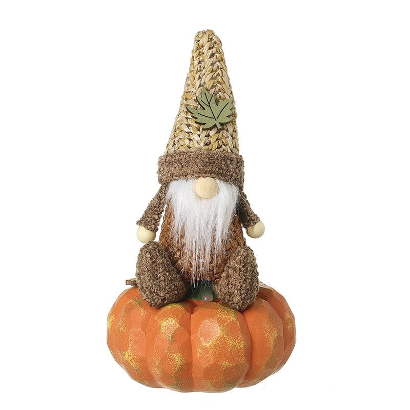 Beige Autumn Gonk on Wooden Pumpkin Decoration