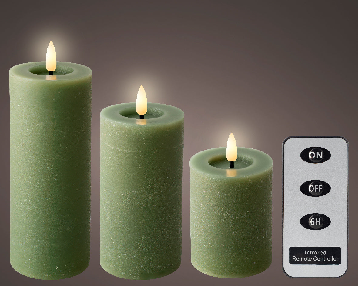 Set of 3 LED Green Wax Candles with Flame Effect