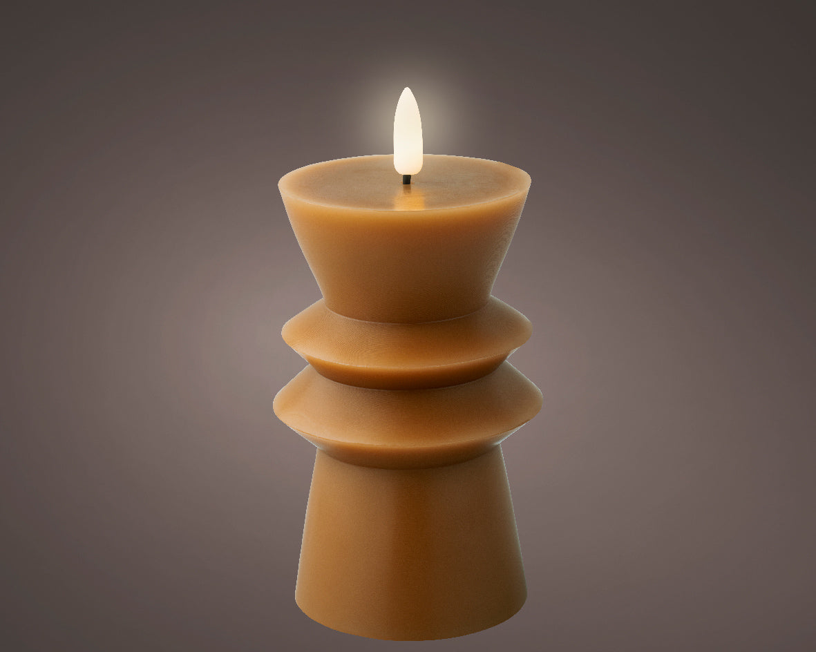 Brown Battery Operated Warm White LED Indoor Carved Candle - 8x15cm