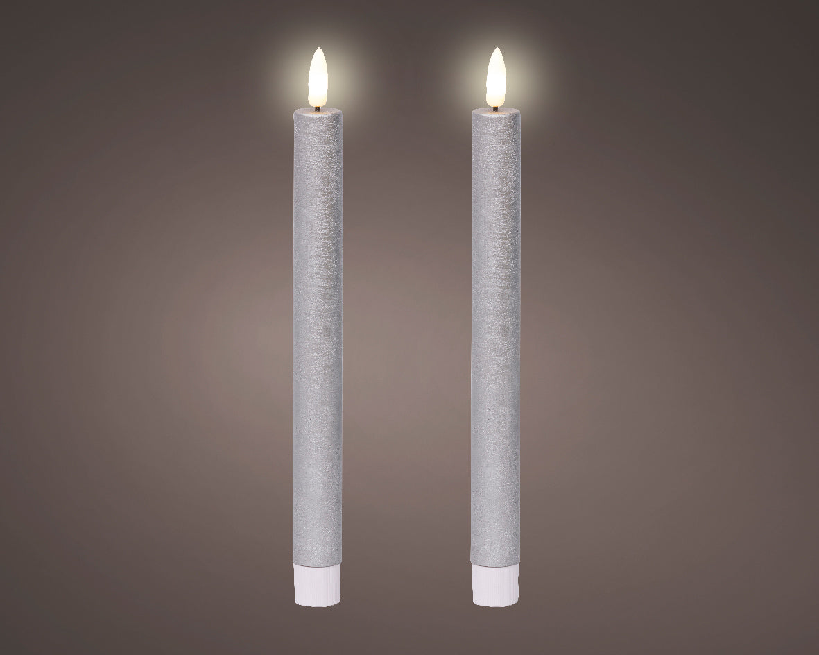 Set of 2 LED Silver Wax Dinner Candles with Flame Effect