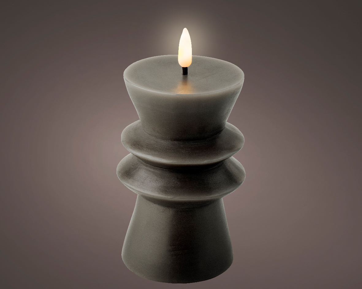 Grey Battery Operated Warm White LED Indoor Carved Candle - 8x15cm